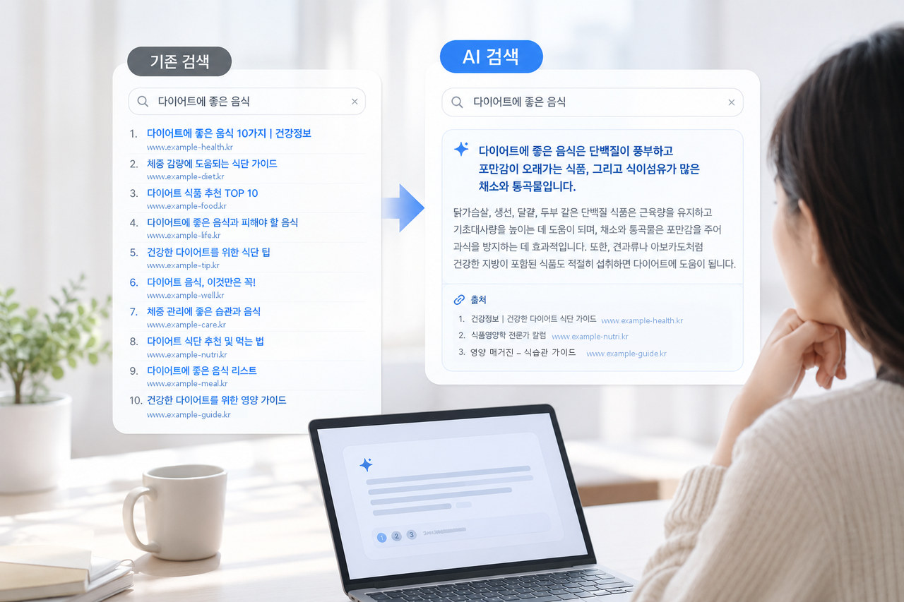 같은 질문을 검색했을 때의 화면 비교. 왼쪽 기존 검색은 링크 10개를 목록으로 보여주고, 오른쪽 AI 검색은 여러 출처를 종합한 답변 한 문단을 먼저 보여준 뒤 근거가 된 출처 3곳을 아래에 붙여줍니다.