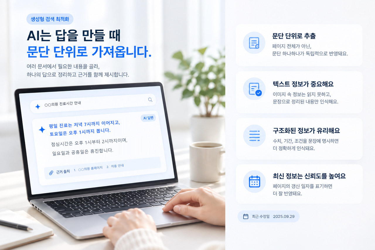 AI가 답을 만들 때 페이지 전체가 아니라 문단 단위로 내용을 가져오는 모습. 화면에는 병원 진료시간을 묻는 질문에 평일·토요일 진료시간과 점심시간, 휴진일을 문장으로 답하고 근거가 된 병원 페이지를 함께 보여줍니다. 옆에는 문단 단위 추출, 텍스트 정보의 중요성, 구조화된 정보, 갱신 일자 표기 네 가지 항목이 정리돼 있습니다.