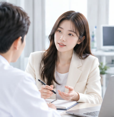 상담 자리에서 담당자가 원장님과 마주 앉아 이야기를 들으며 메모하는 예시 장면