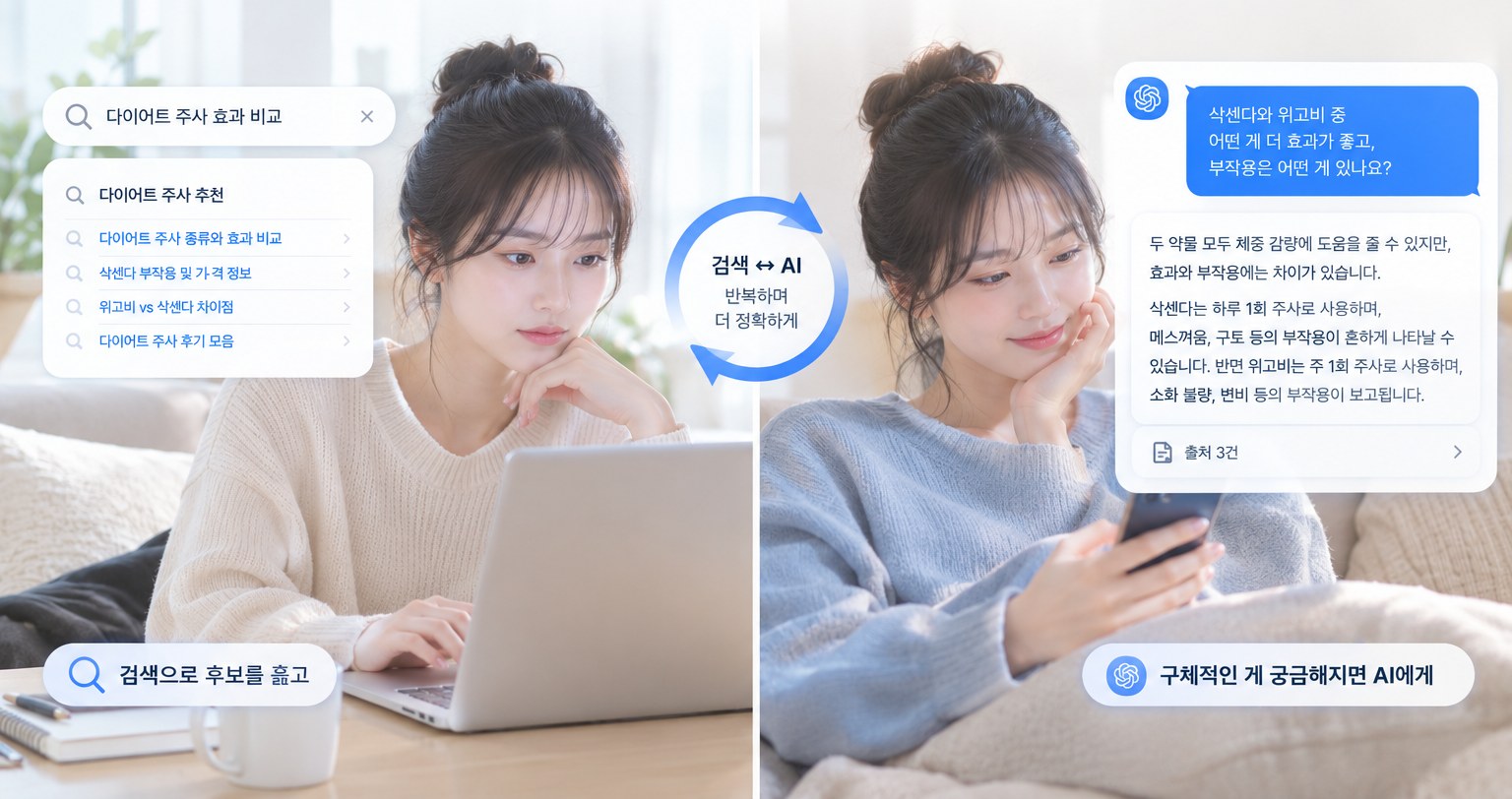 같은 환자가 검색과 AI를 오가는 장면 비교. 왼쪽은 노트북 검색창에 '다이어트 주사 효과 비교'를 넣고 연관 검색어 목록으로 후보를 훑는 모습이고, 오른쪽은 스마트폰으로 AI에게 '삭센다와 위고비 중 어떤 게 더 효과가 좋고 부작용은 어떤 게 있나요?'라고 문장으로 물어 출처가 달린 답변을 받는 모습입니다. 가운데 화살표는 검색과 AI를 반복하며 더 정확하게 좁혀 간다는 흐름을 나타냅니다.