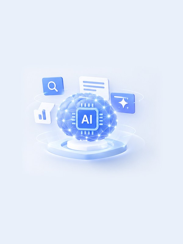 AI 반도체가 박힌 구체와 검색·문서 카드가 떠 있는 일러스트